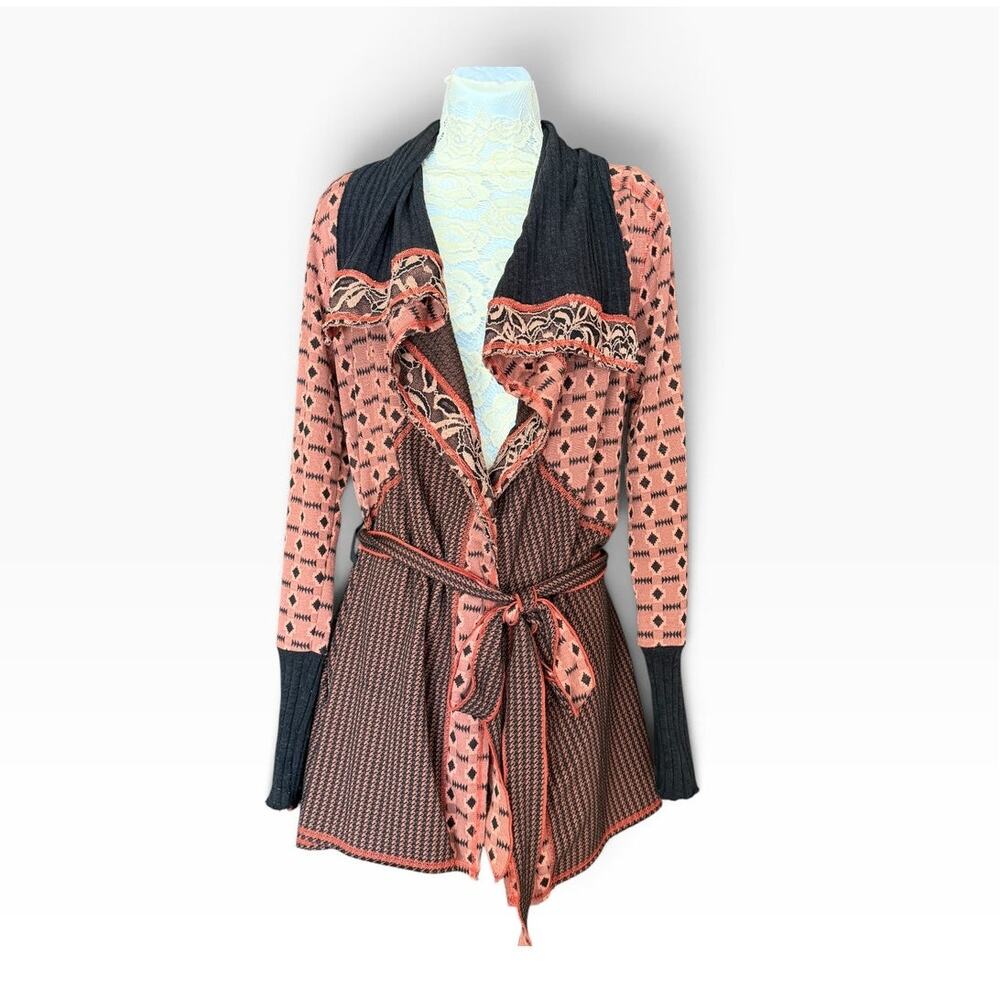 BKE Cardigan Sweater Belted Women's Size M Salmon Pink Black Western Boho Chic